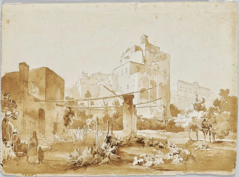 Palazzo Cellammare (sull’estrema destra) visto da uno dei giardini della zona del Vasto a Chiaia